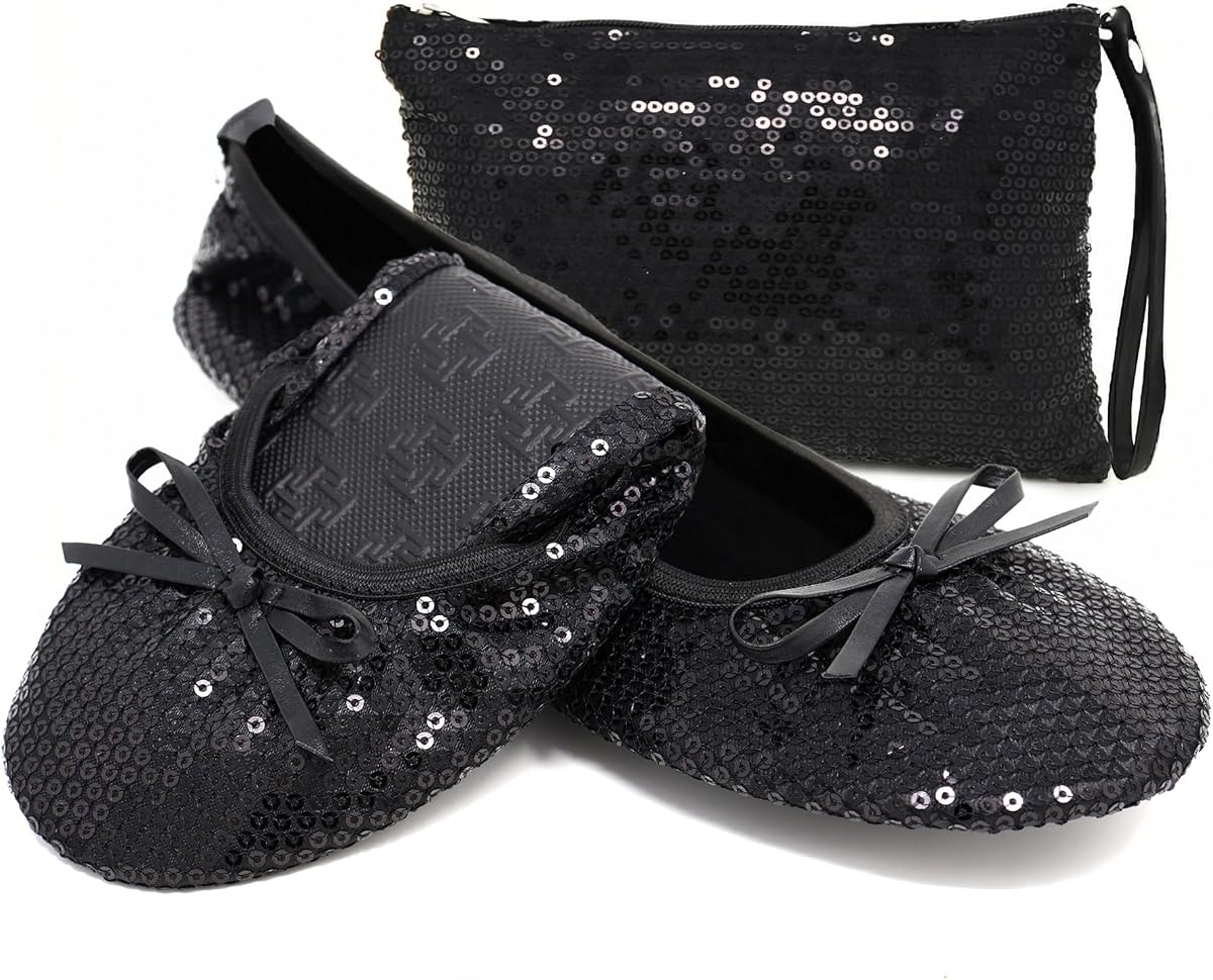 Silky Toes Foldable Sequin Shoes for Women | Comfortable Dressy Flats for Weddings, Parties & Events | Ballet Purse Slippers