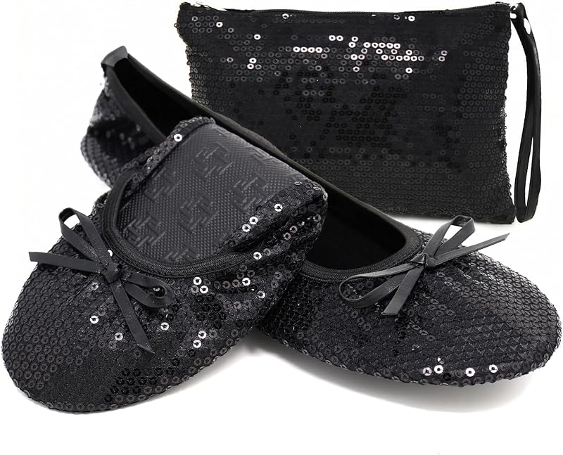 Silky Toes Foldable Sequin Shoes for Women | Comfortable Dressy Flats for Weddings, Parties & Events | Ballet Purse Slippers