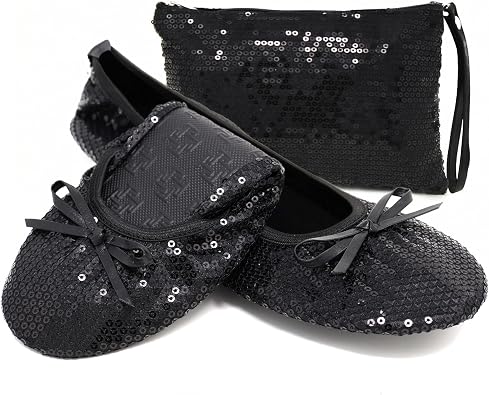 Silky Toes Foldable Sequin Shoes for Women | Comfortable Dressy Flats for Weddings, Parties & Events | Ballet Purse Slippers