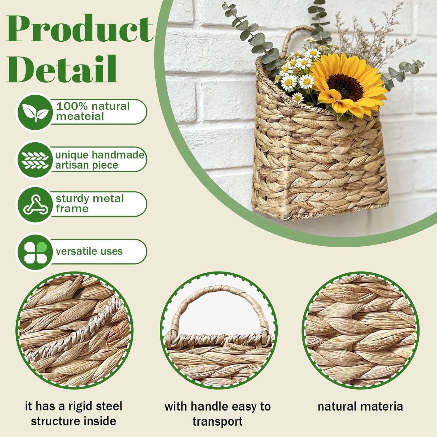 Handwoven Gourd Grass Hanging Basket - Natural Wall Mounted Mail & Flower Organizer for Front Door, Home & Garden Decor, Multi-Purpose Storage for Keys, Magazines, Plants