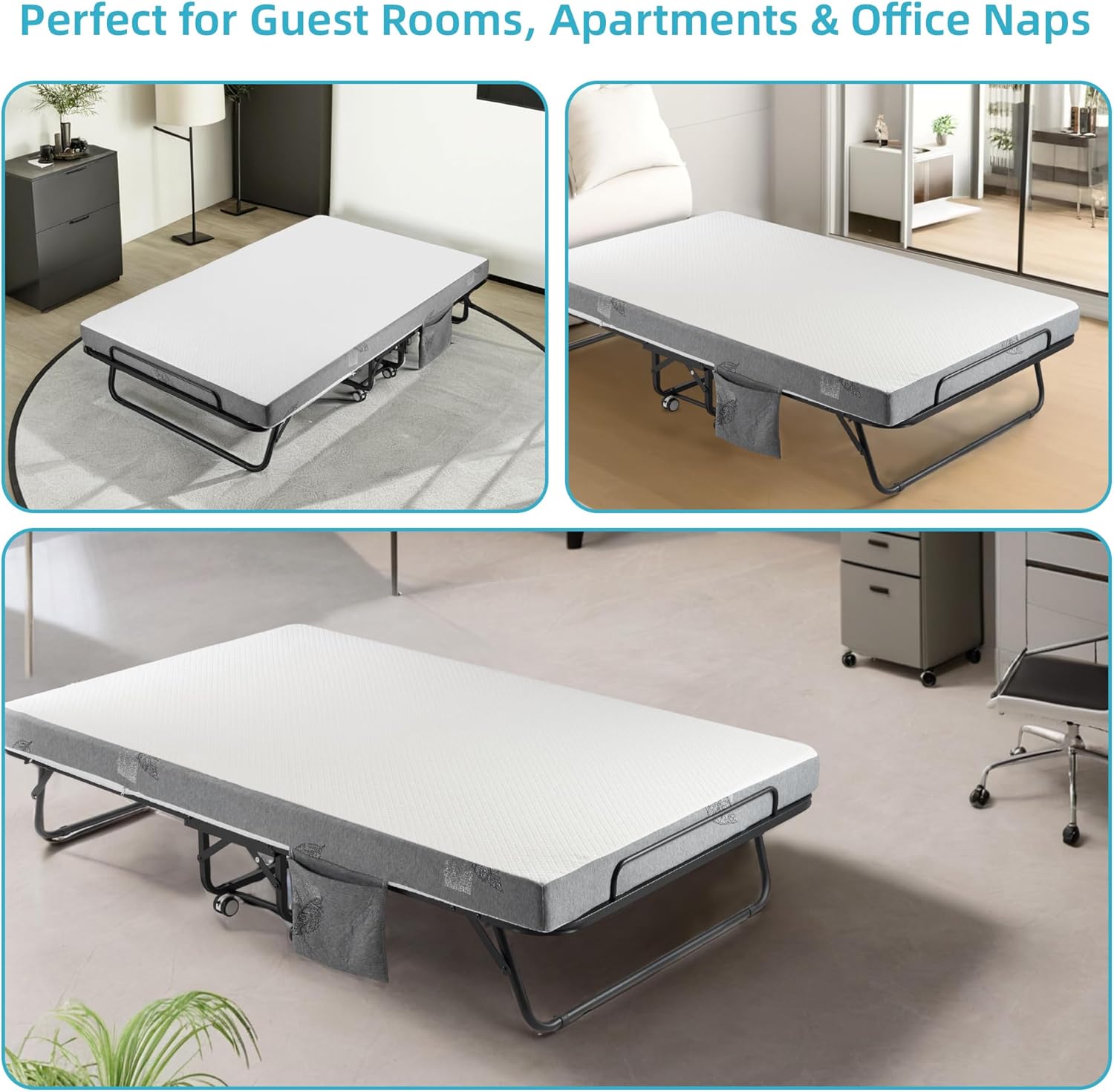 Folding Bed with 5 Inch Mattress, 75” x 45” Extra Wide Rollaway Guest Bed for Adults, Portable Foldable Metal Frame, Space-Saving Storage