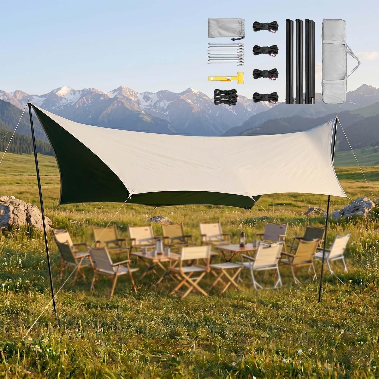 Toldo Acampada Impermeable, Parasol Playa Grande con 2 Palos, 4.4x4.5m Carpas Exterior Y Lona Tarp Portátil, Accesorios Camping para Refugio Solar(Opaline,450x440cm)