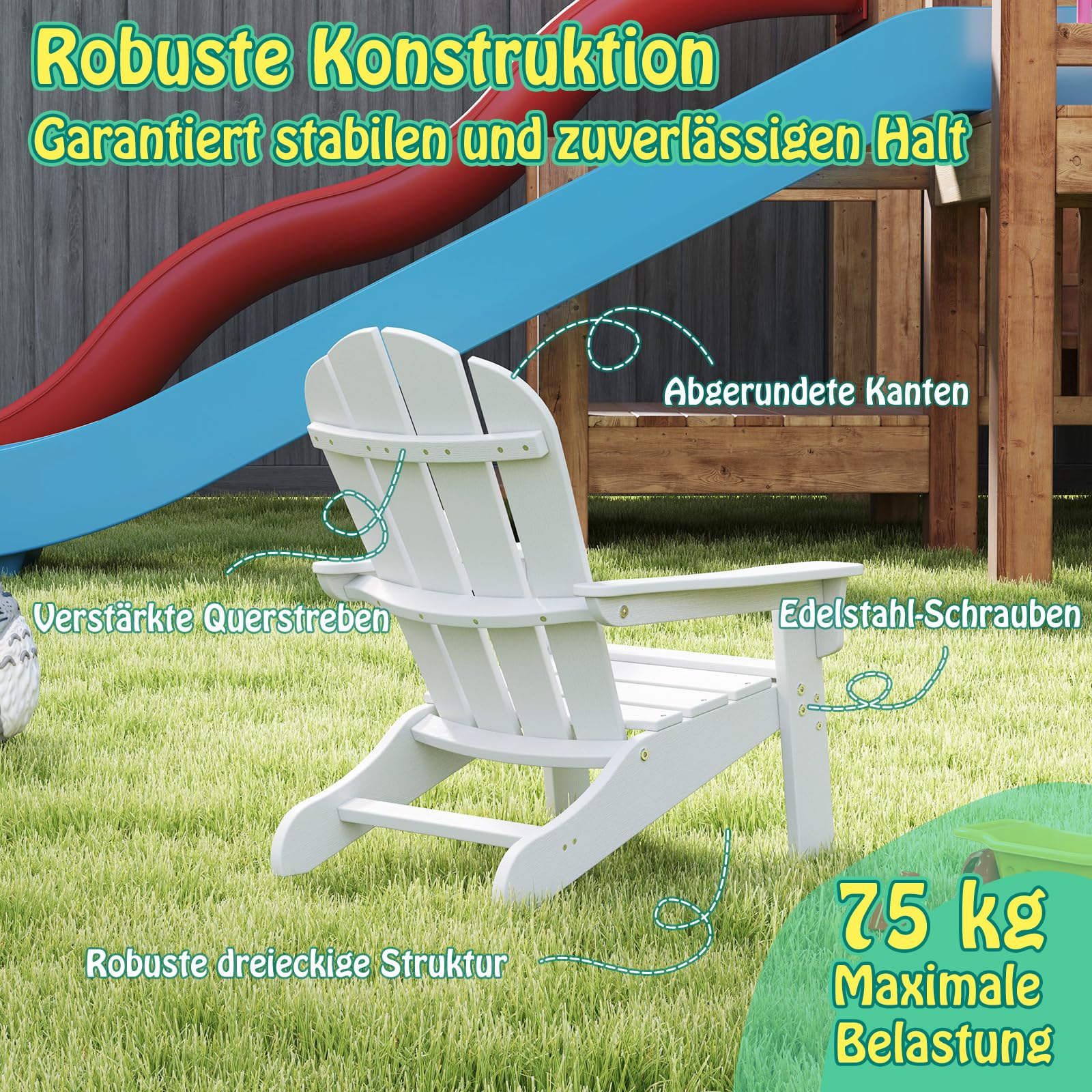 COSTWAY Adirondack krzesło dziecięce, odporne na warunki atmosferyczne, z HDPE, krzesło ogrodowe z ergonomicznym oparciem i podłokietnikami, krzesło do użytku na zewnątrz, dla chłopców i dziewcząt w
