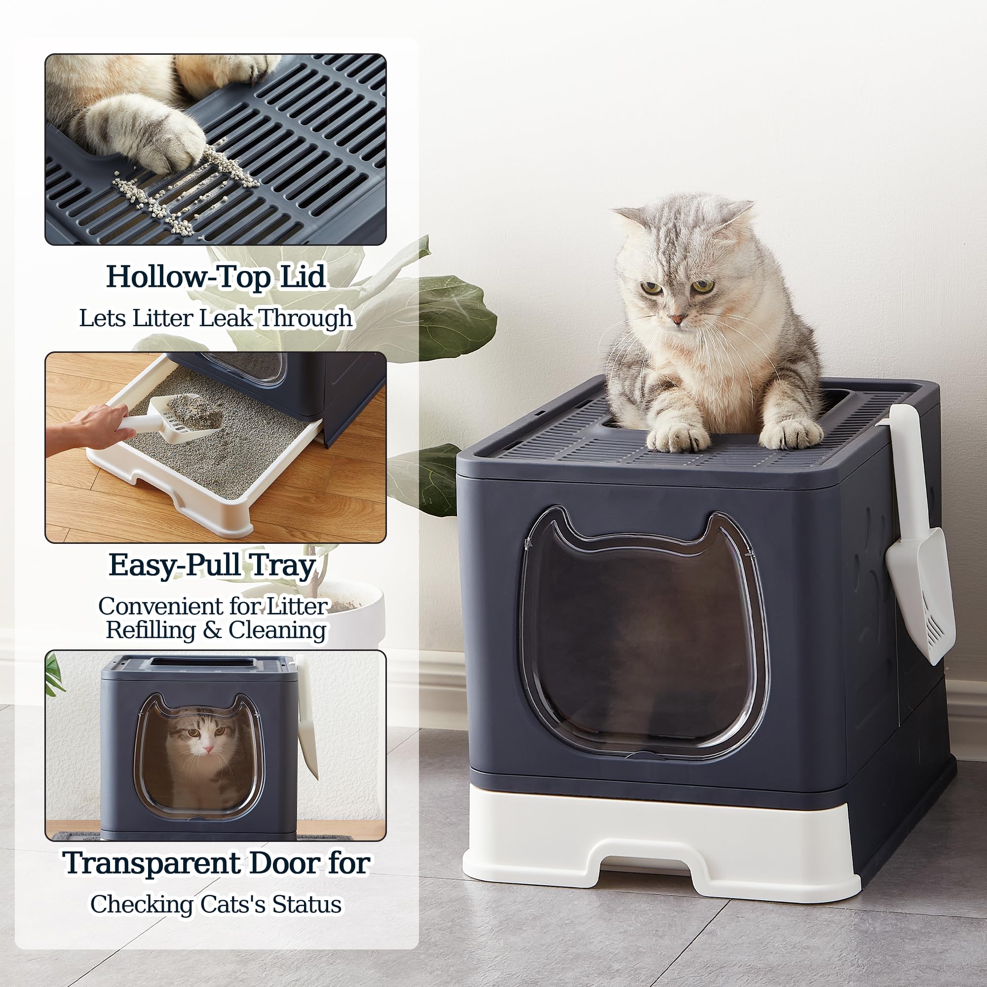 Vealind Covered Litter Box with Lid, Low Entry Kitten Small Litter Box Enclosure with Scooper and Brush, Anti-Splashing Top Entry Litter Box Black