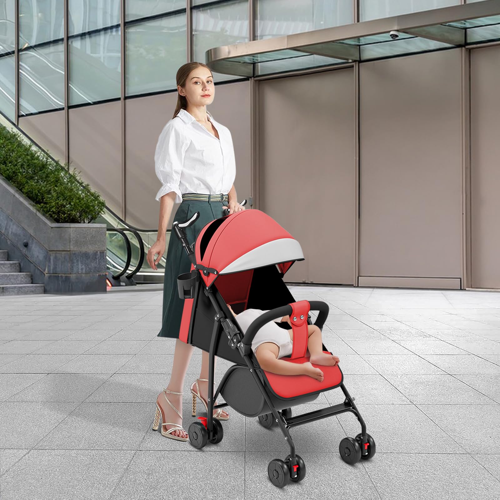 OHMG Passeggino a canna compatto Ingenious,Passeggini a 4 ruote,Passeggini cittadini,da 0 a 4 anni,Seduta o sdraiata,Maniglia regolabile,Carrozzina a 4 ruote con tappetino in cotone e zanzariera