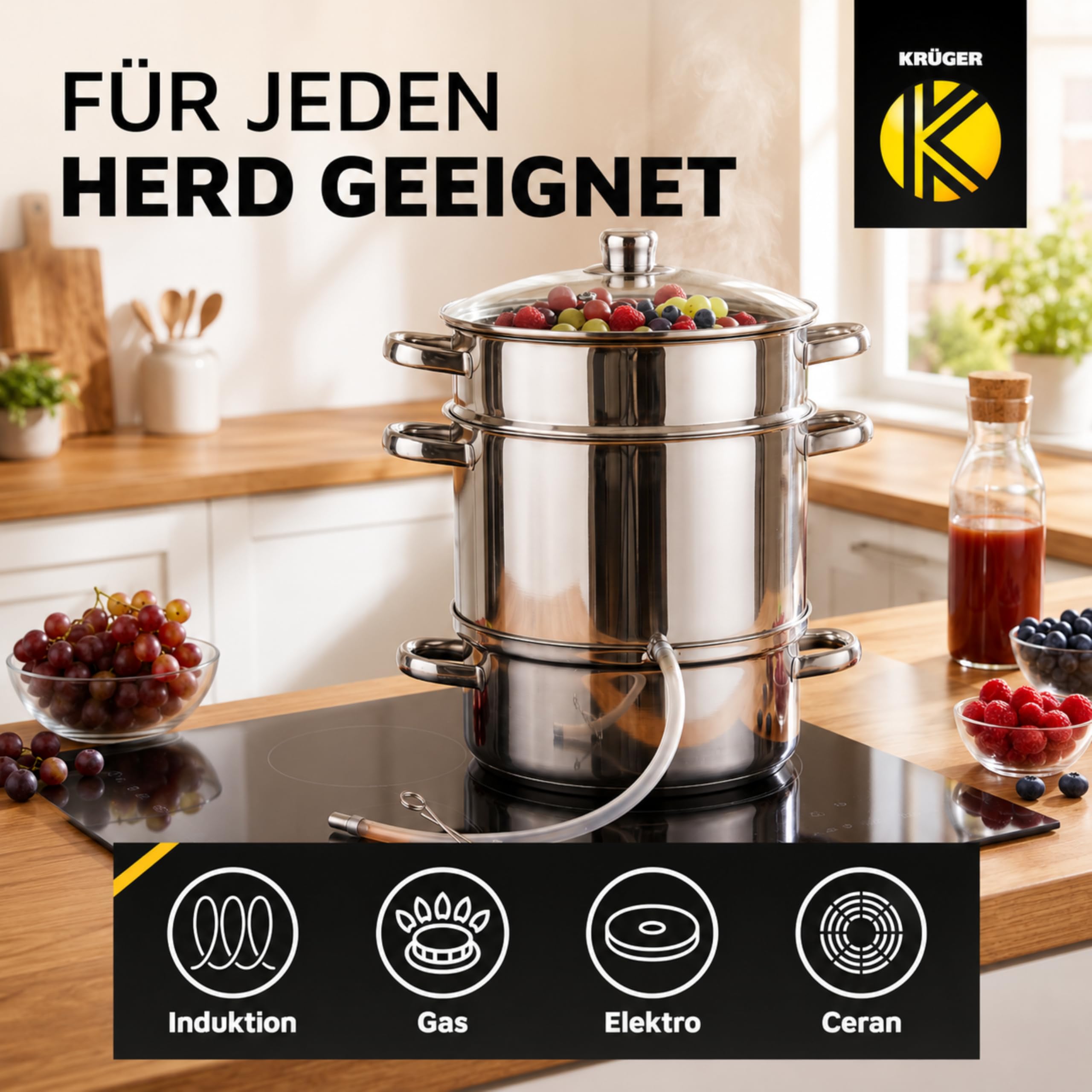 Krüger Edelstahl Dampfentsafter Mainau mit Glasdeckel Ø 26 cm (8 L) | PFAS-frei & unbeschichtet | Mit Glasdeckel, Ablaufschlauch & Kapselboden | Induktionsgeeignet | Für Saft, Gelee & Sirup