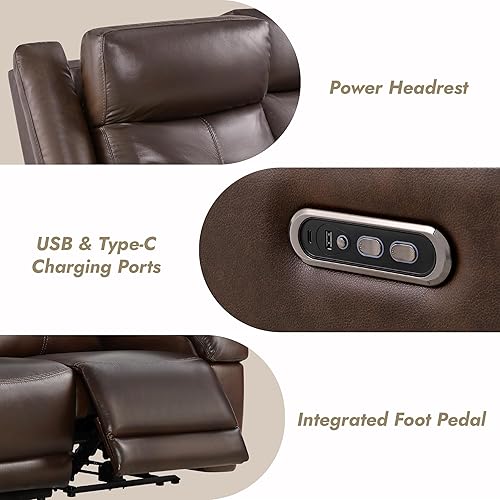 Miniatura 6 de Watson & Whitely Sofá reclinable eléctrico de piel auténtica, sofás reclinables de pared de 3 plazas con reposacabezas eléctrico, puertos USB y tipo