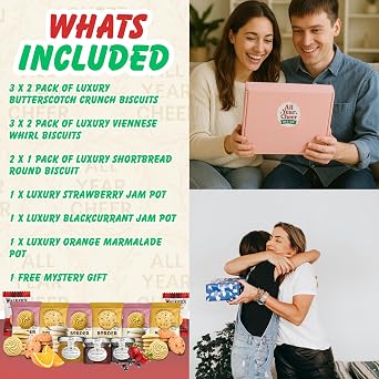 All Year Cheer Luxury Biscuit & Jam Gift Box – Letterbox Treat Hamper with Biscuits, Shortbread & Mini Jams – Afternoon Tea Gift Set for Couples, Friends & Families