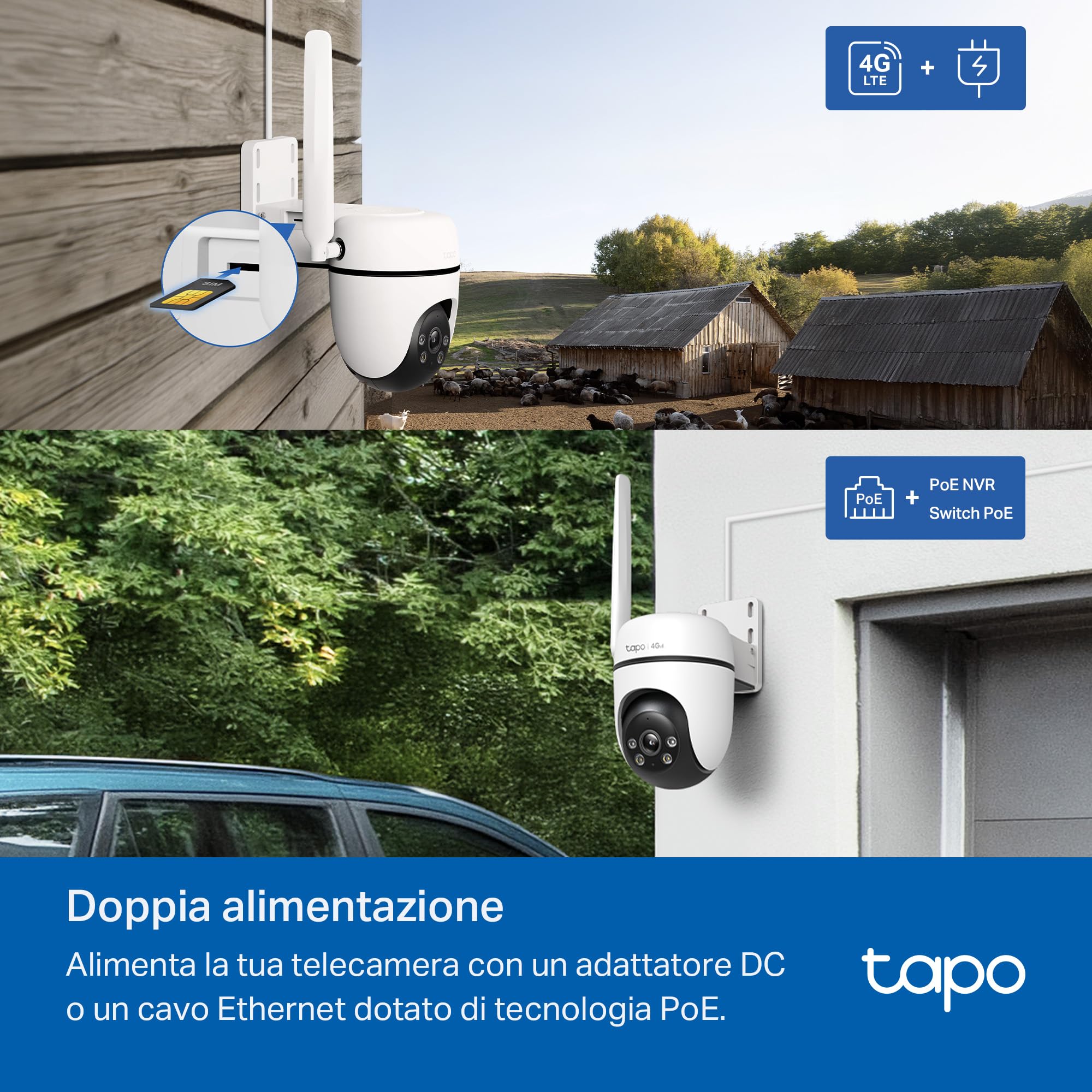 Tapo C501GW Telecamera 4G LTE da Esterno con Slot SIM, FHD 360° PTZ, Visione Notturna a Colori Starlight, IP66, AI Smart, Allarme Sonoro/Luminoso, Alimentato da DC o PoE, Senza Wi-Fi né Batteria