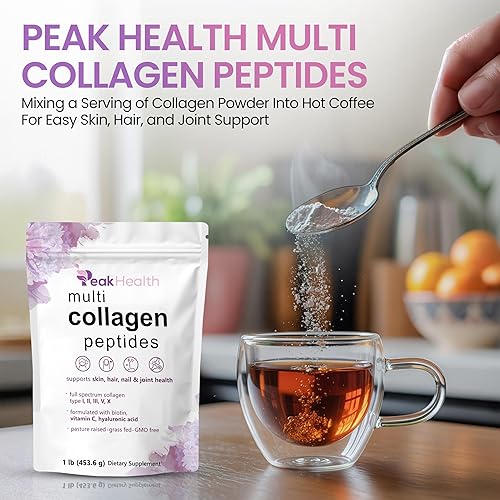 Miniatura 4 de Polvo de péptidos de colágeno múltiple, 1 libra de colágeno en polvo, tipo I, II, III, V, X con biotina 10000 mcg, polvo de ácido hialurónico,