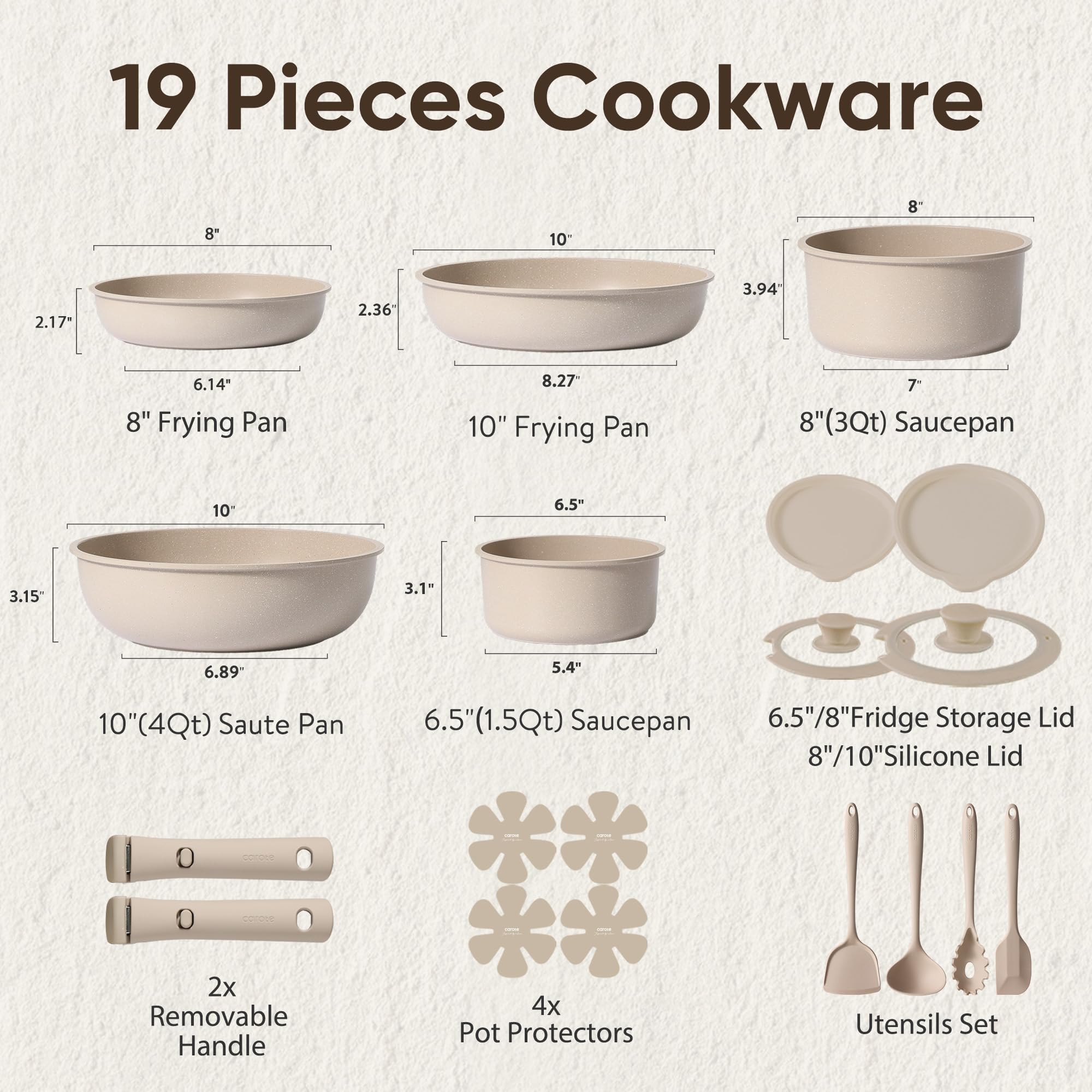 CAROTE Set di 19 pezzi di pentole e padelle antiaderenti, set di pentole con manico staccabile, set da cucina a induzione con manico rimovibile, cucina per camper, adatto al forno, colore: taupe