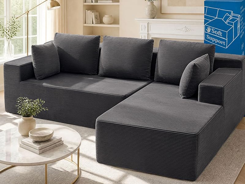 Qewoce 98" Cloud Sectional Boneless Couches for Living Room,Modular L Shaped Sofa with Right Facing Chaise,Dual-Layer Foam,Corduroy Couch,Compressed Packaging,No Assembly for Apartment,Dark Gray