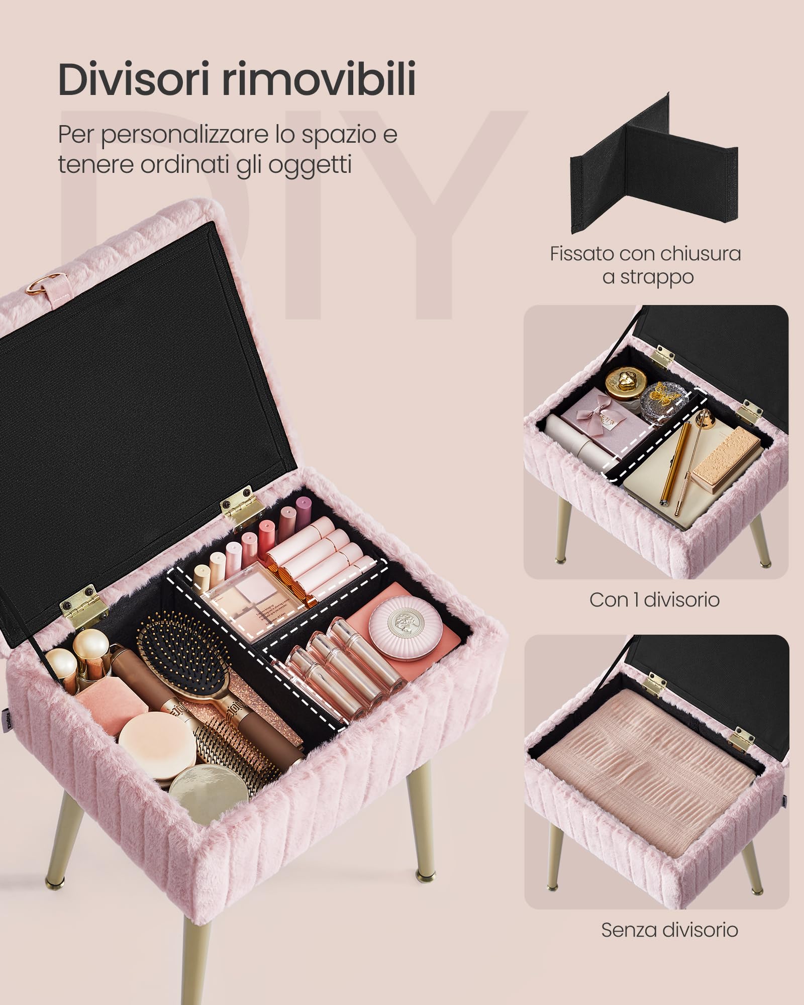 SONGMICS Sgabello da Trucco, Pouf Contenitore, Poggiapiedi, Gambe in Metallo, Imbottito, Piedini Regolabili, Soggiorno Camera da letto Cabina Armadio, Rosa Pastello LOM505SZ02
