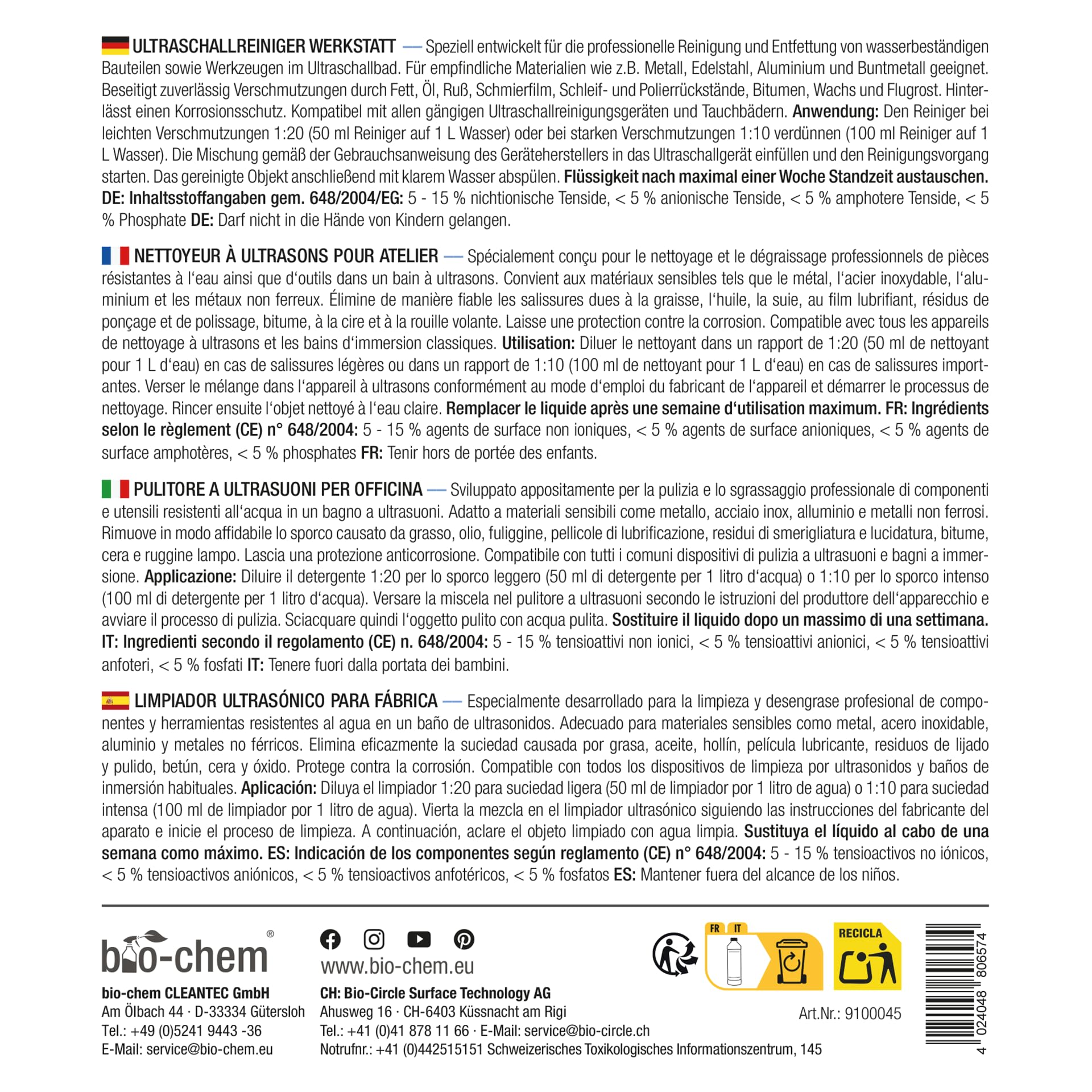 Bio-Chem - Limpiador ultrasónico para talleres, 5L concentrado - Uso profesional en talleres e industria - Producto para carburadores, piezas mecánicas y componentes electrónicos