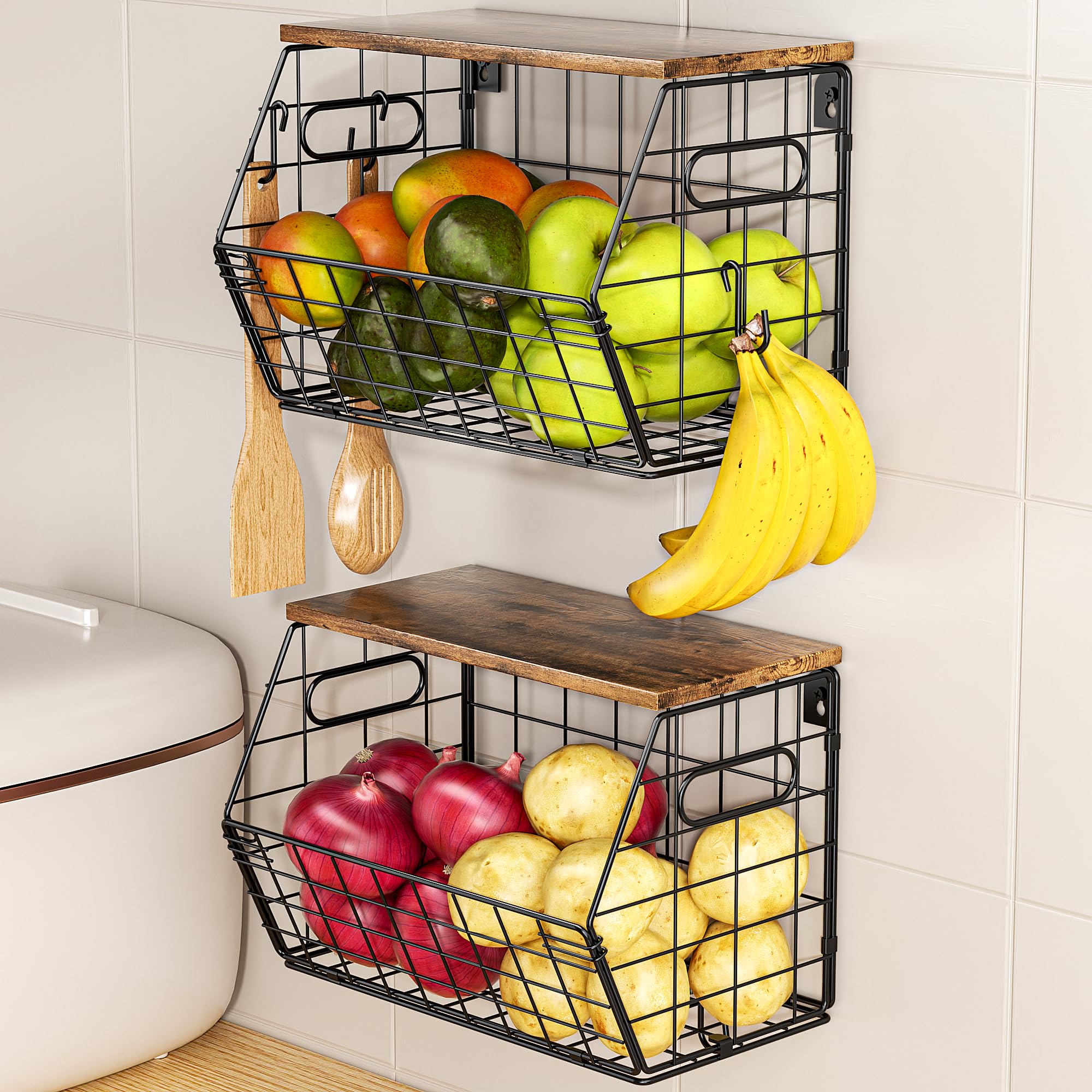 Photo 1 of Delamu Stackable Metal Fruit Basket with Wood Lid 2 Pack, Hanging Wall Organizer for Kitchen Counter, Pantry Storage for Onions, Potatoes, Garlic, Fruits, Spices, Black