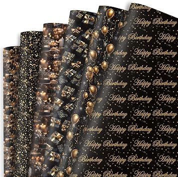 Dtiafu Birthday Wrapping Paper 6 Black Gold Style Gift Wrapping Paper Happy Birthday Art Paper for Men Women Kids Boys Girls Birthday Wedding, 20 X 28 Inch, Folded Flat 6 Sheet Recyclable