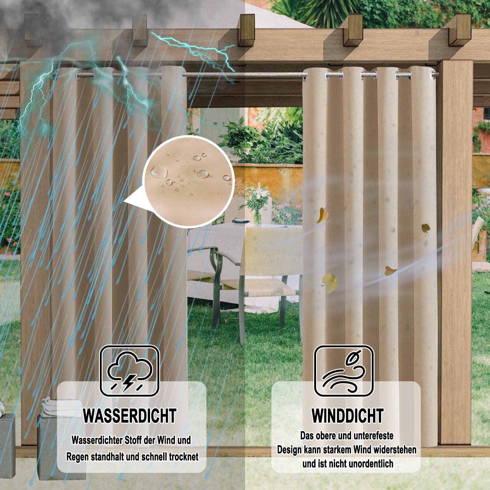 Outdoor Vorhang Wetterfest, 1 Stück Outdoor Vorhang Wasserdicht Wetterfest Blickdicht mit Ösen, 24 Farben Sichtschutz Sonnenschutz Outdoor Gardine für Veranda, Pergola, Laube, B213xH213CM