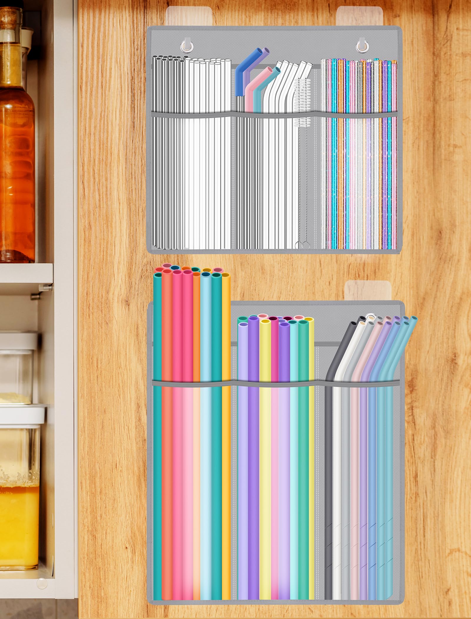 NiHome 2-Pack Straw Holder for Cabinet Door, Hanging Straw Organizer, Clear | Waterproof Tear-Resistant Fabric Fits 6 To 12 Inch Reusable Straws With Adhesive Hooks