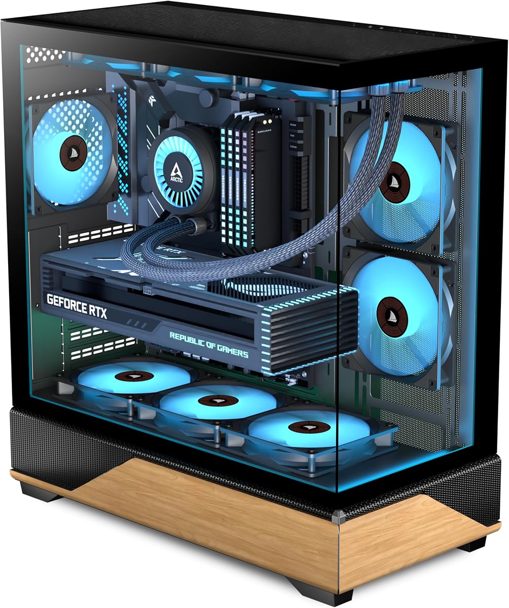 KEDIERS ATX Mid-Tower PC Case, 5 x 120mm ARGB PWM Fans Pre-Installed, Printed Walnut Wood Panels,Panoramic Tempered Glass, Reverse Connection Motherboard Compatible, Support 360mm Radiator,Black