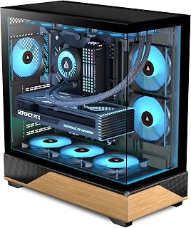 KEDIERS New P6 ATX Mid Tower PC Case: 5 PWM ARGB Fans, Dual Tempered Glass, Wood Grain Panels, 360mm Radiator Support, Black