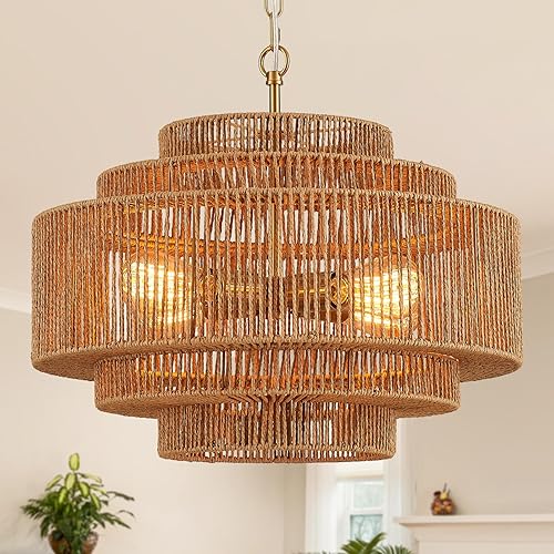 Candelabro de ratán tejido a mano para comedor, estilo bohemio, de bambú de 20 pulgadas, 4 luces, vintage, lámparas doradas para isla de cocina,