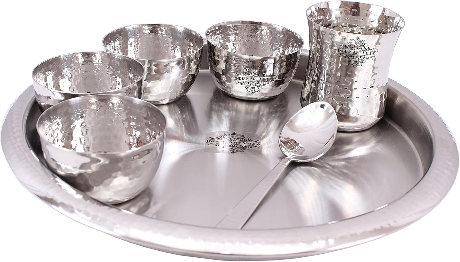 Indian Art Villa Stainless Steel Dinner Set/Thali Set of 1 Plate, 4 Bowls, 1 Glass & 1 Spoon (7 Pieces), Dinnerware, Tableware Or Crockery