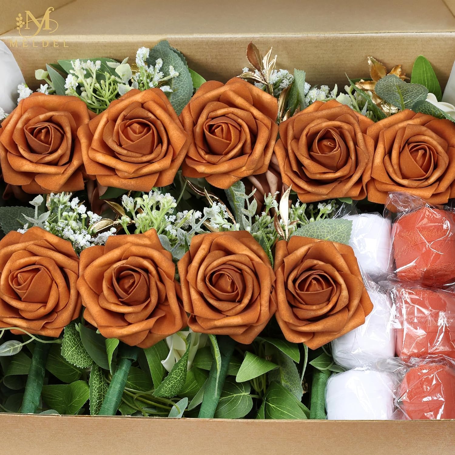 Meldel 10Pcs Wedding Chair Decorations Aisle Flowers Swag Artificial Flower Ivory Orange Garland with Ribbion for Ceremony Reception Church Rose Floral Faux Arrangement Party Outdoor Pew Decor