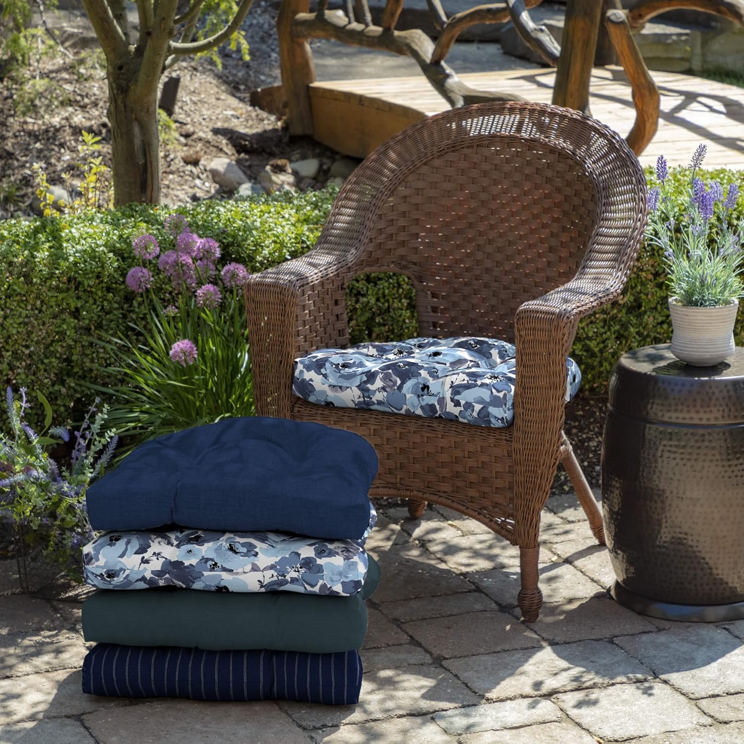 Arden Indoor/Outdoor Rocking Chair Or Wicker Chair Cushion, 2-Pack, 20 x 18, Water Repellent, Rain Proof, Fade Resistant Cushion for Rocking Or Rounded Back Chair Blue Garden Floral