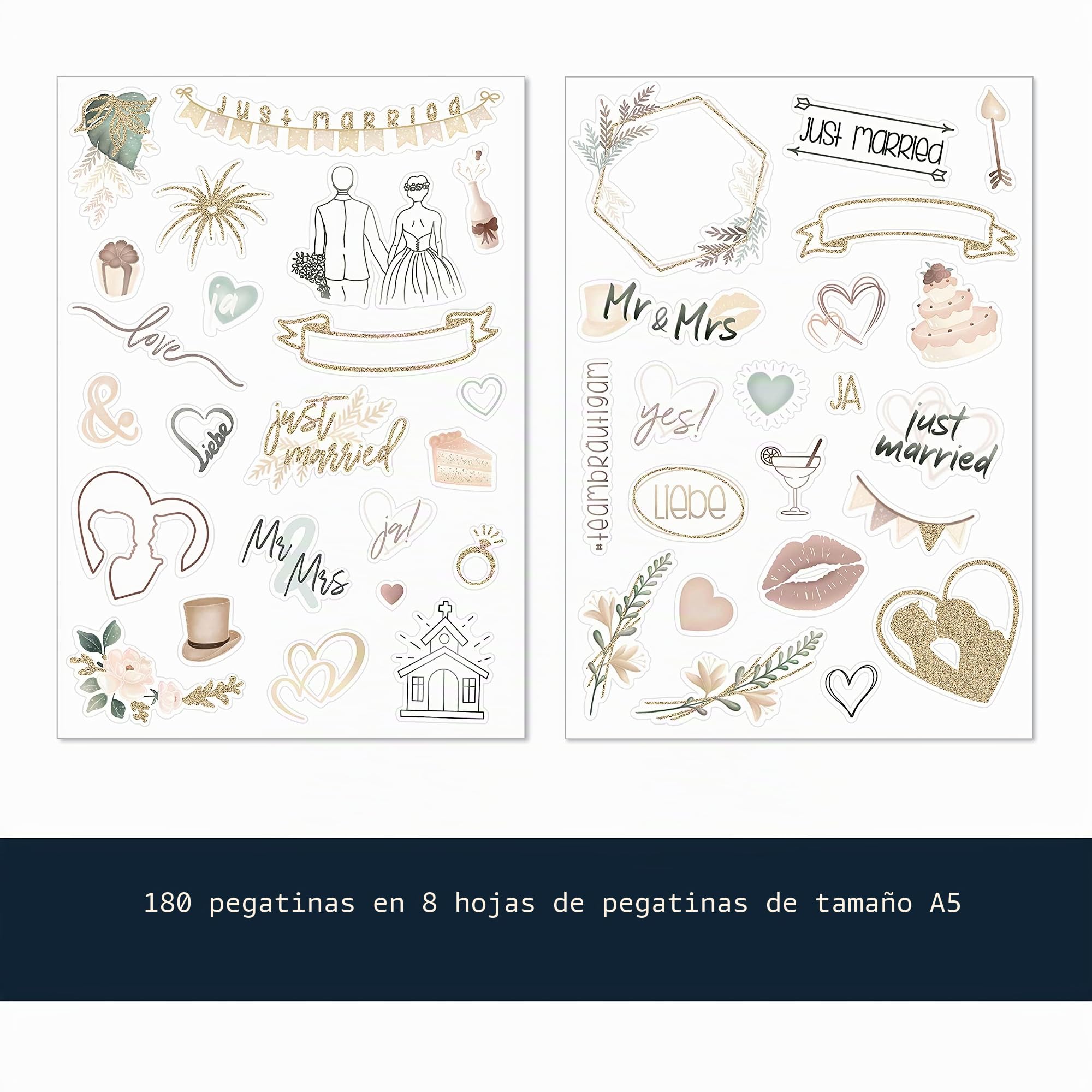 WEDDLYN® – Pegatinas para boda – 180 pegatinas para libros de invitados – Diseños inspiradores – Set perfecto para álbumes de fotos de boda – Colores pastel con purpurina (beige)