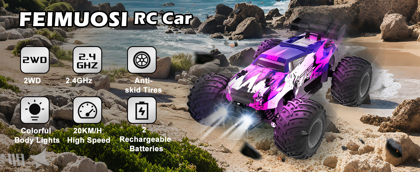 Monster Truck Voiture Radiocommandée Voiture Télécommandée Tout Terrain 1:18 FEIMUOSI - 2,4GHz 20km/h - 2 Batteries LED Voiture RC Avec 2 Batteries 20km/h Voiture Télécommandée Adulte