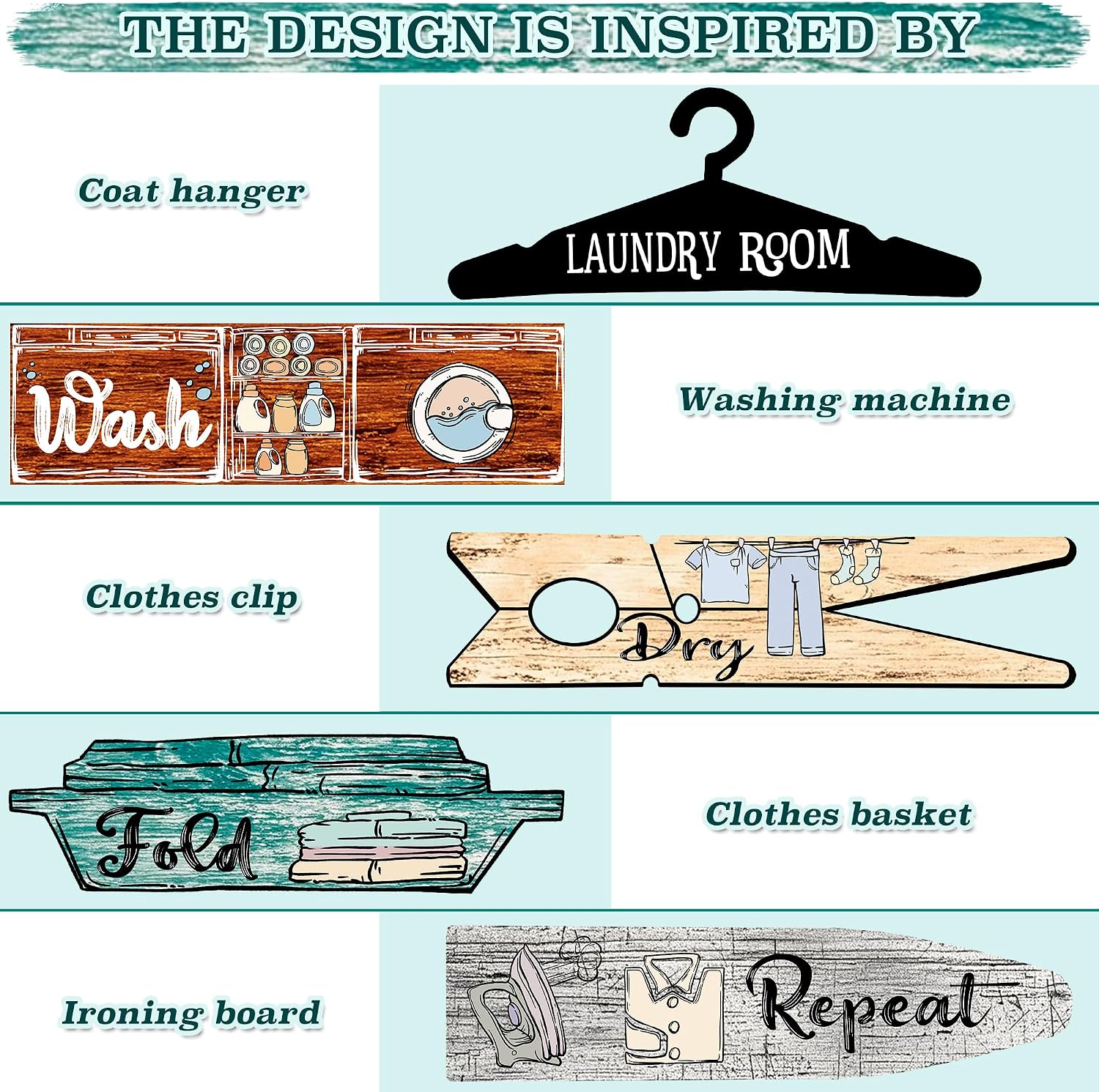 5 PCS Laundry Room Decor,Rustic Farmhouse Laundry Room Wall Decor,Cute Wooden Hanging Wash Dry Fold Repeat Laundry Sign Gift for Women,Mom,Bathroom,Home,Mothers Day 19 x 11 Inch(Multi Color) image 5