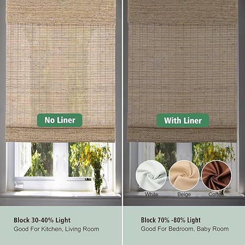 Miniatura 5 de Yin Yang Persianas romanas de bambú opacas sin cables, filtran la luz, persianas de ventana de madera tejida natural, persianas de ventana