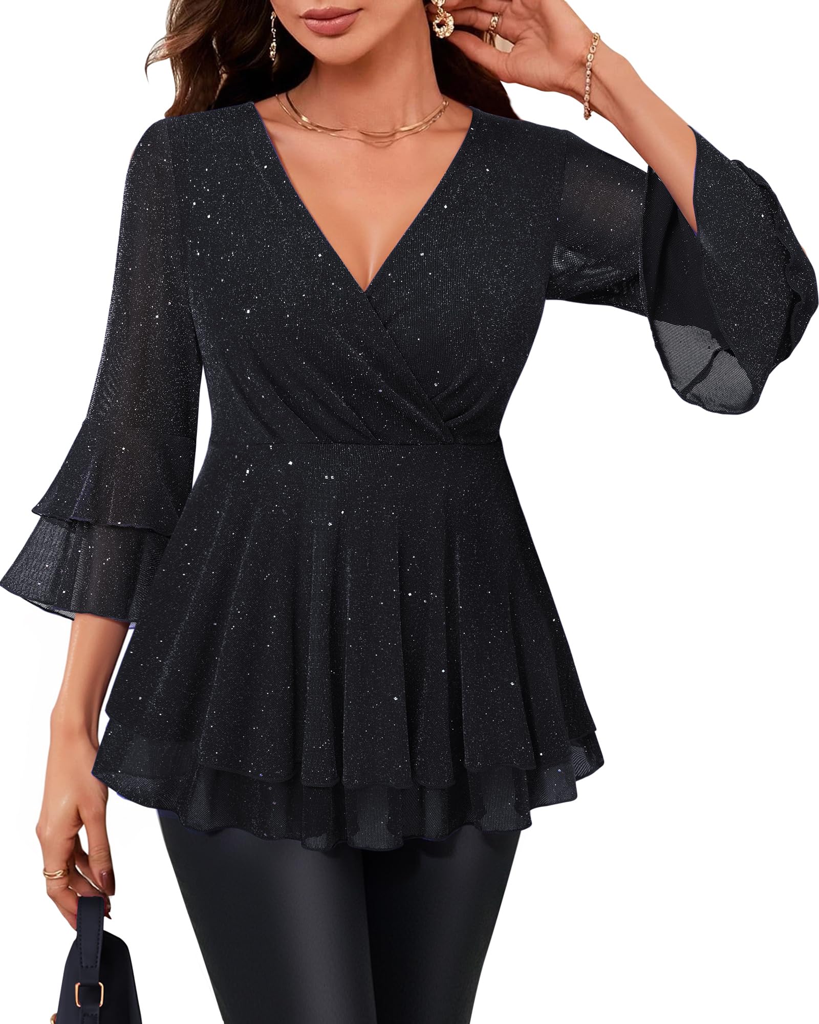 Vafoly Chemisier à manches 3/4 pour femme, élégante, avec col en V, manches à volants, paillettes, haut festif pour le quotidien et les fêtes