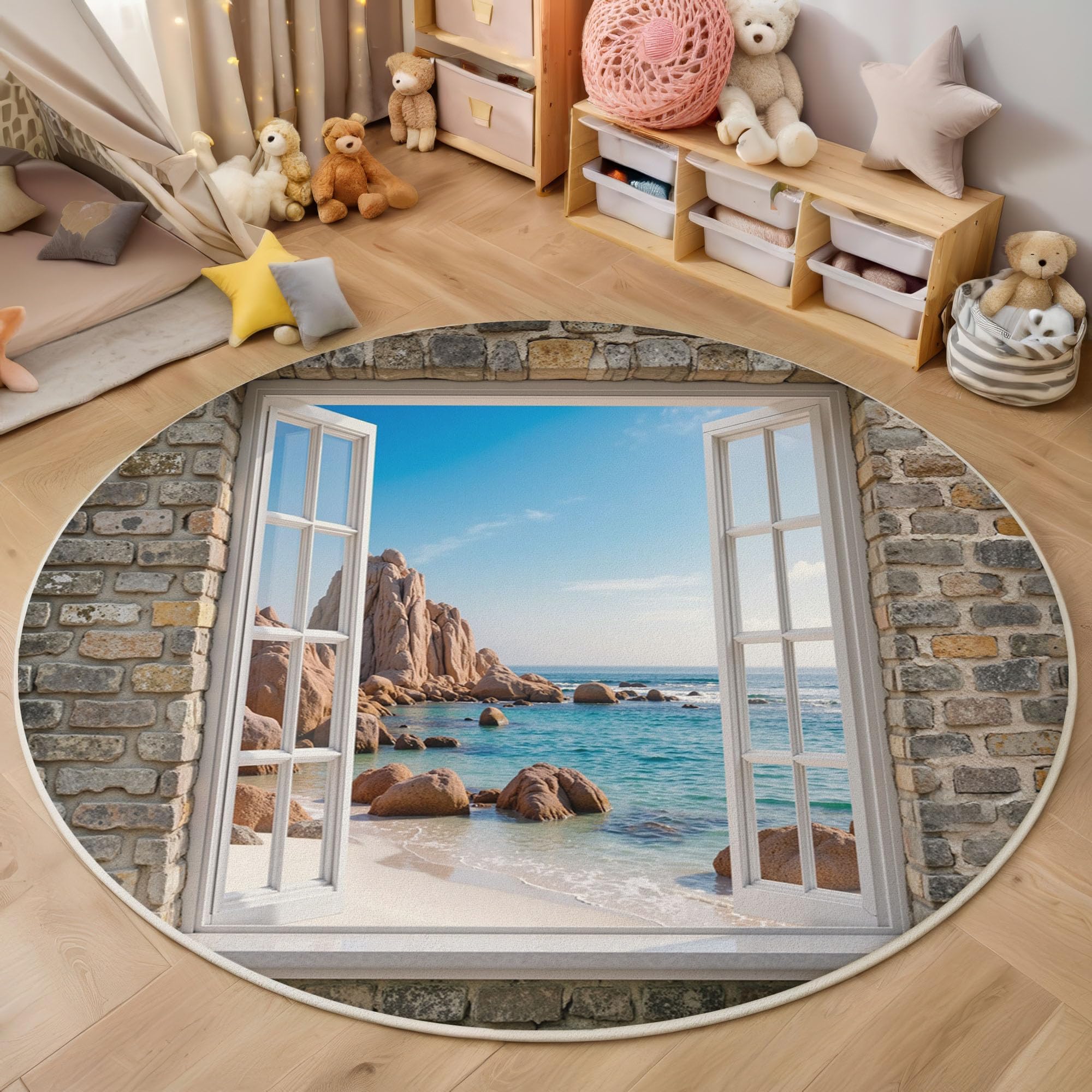Tapis de salon rond bleu clair pour créer une ambiance plage et nature