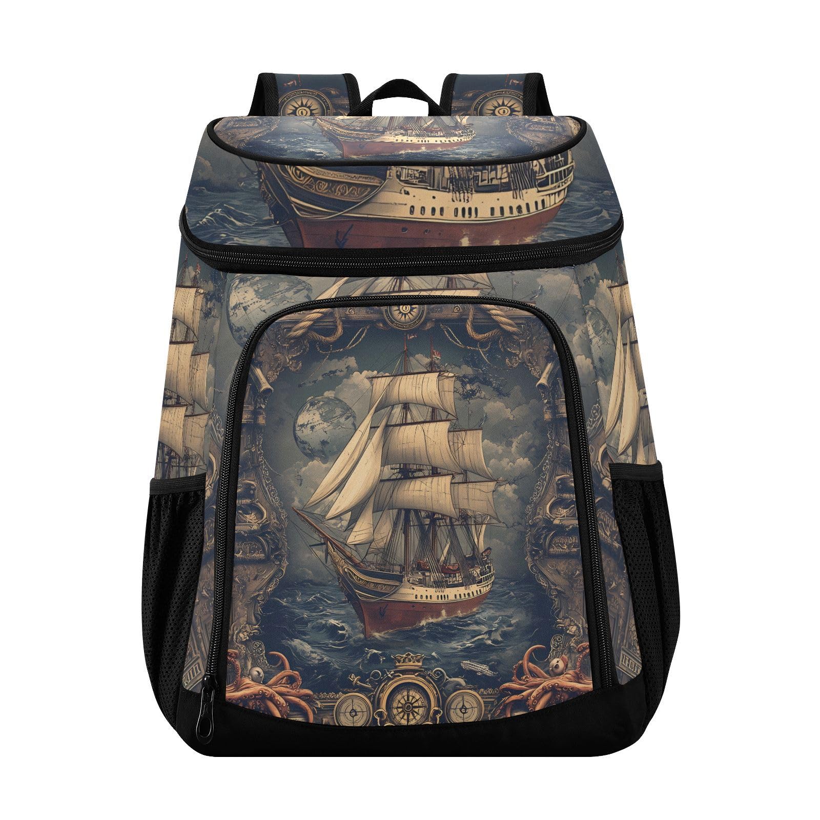 Vintage Sailboat Navigation Ocean Cooler Backpack Cooler Insulated Leak Proof Lunch Backpack 36 Cans Waterproof Soft for Men Women Picnic Hiking Camping Beach