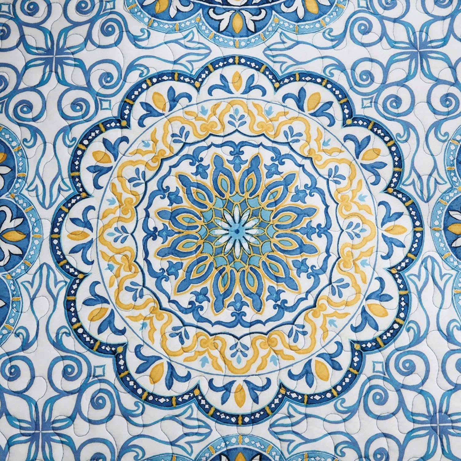 6 Piece Reversible Daybed Cover Set Blue Cotton Quilted Medallion Print Cozy Retreat