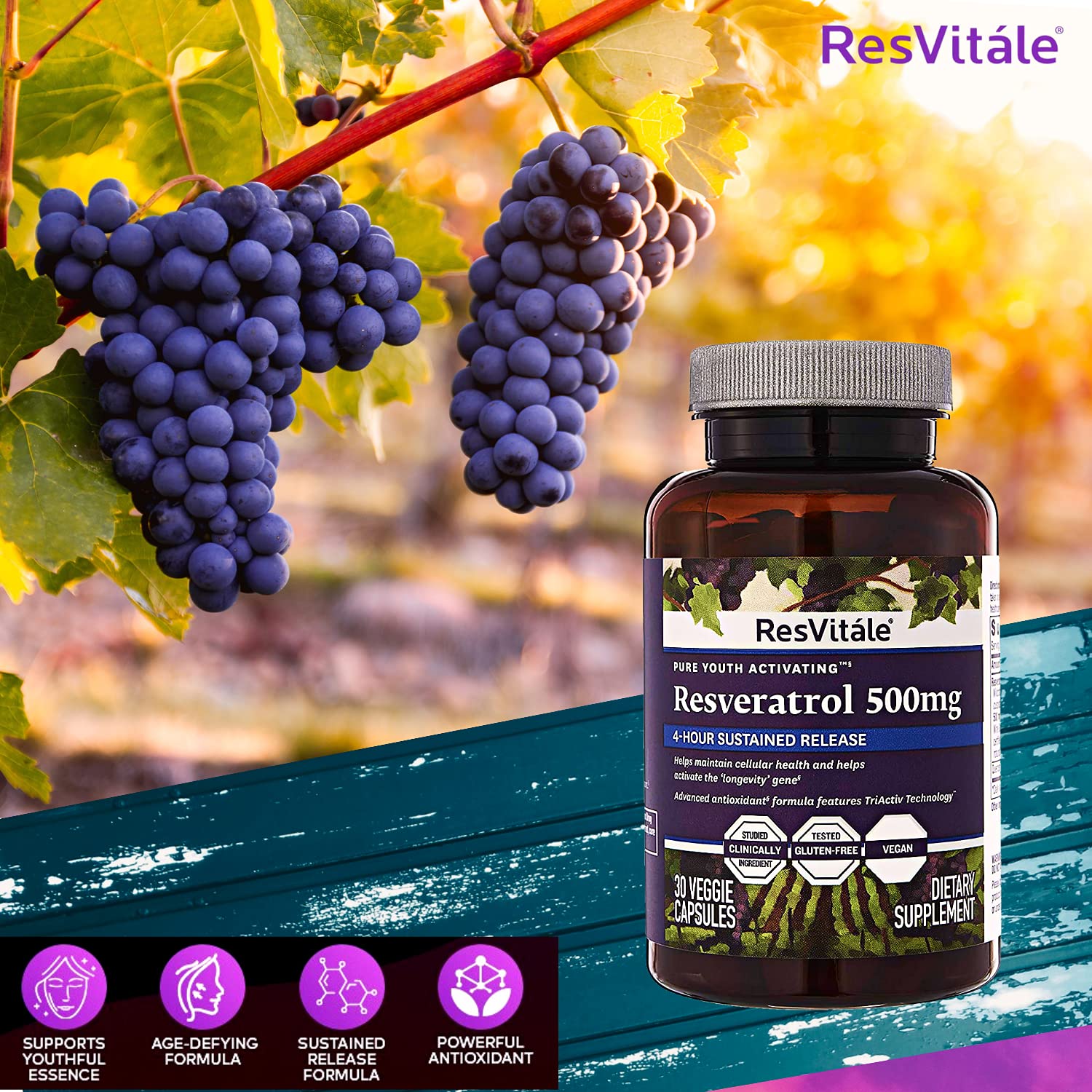 ResVitale Resveratrol 500mg Anti Aging Skin Care Antioxidants