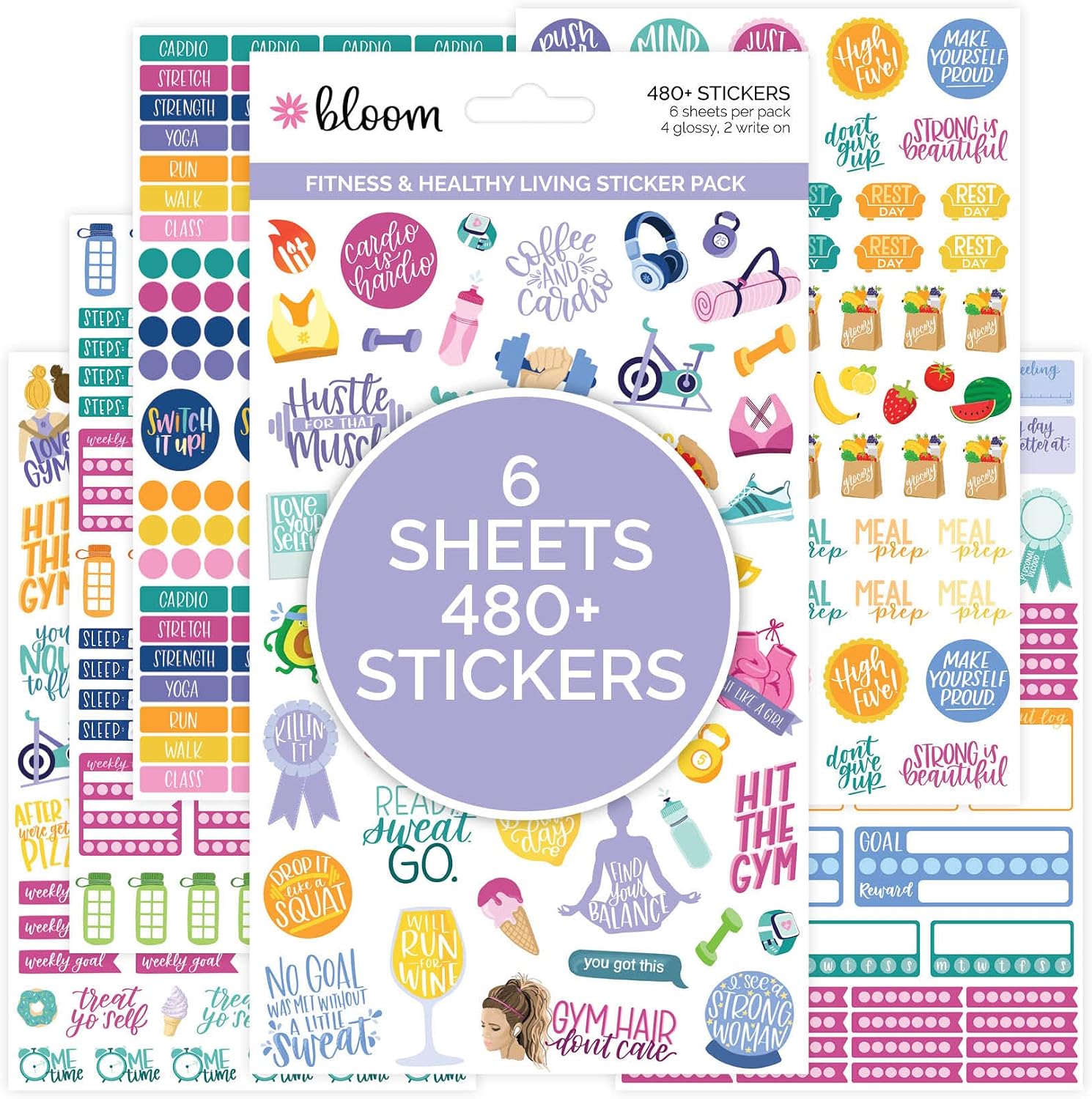 bloom daily planners Health Wellness and Fitness Planner Stickers - Variety Sticker Pack - Six Sticker Sheets Per Pack!