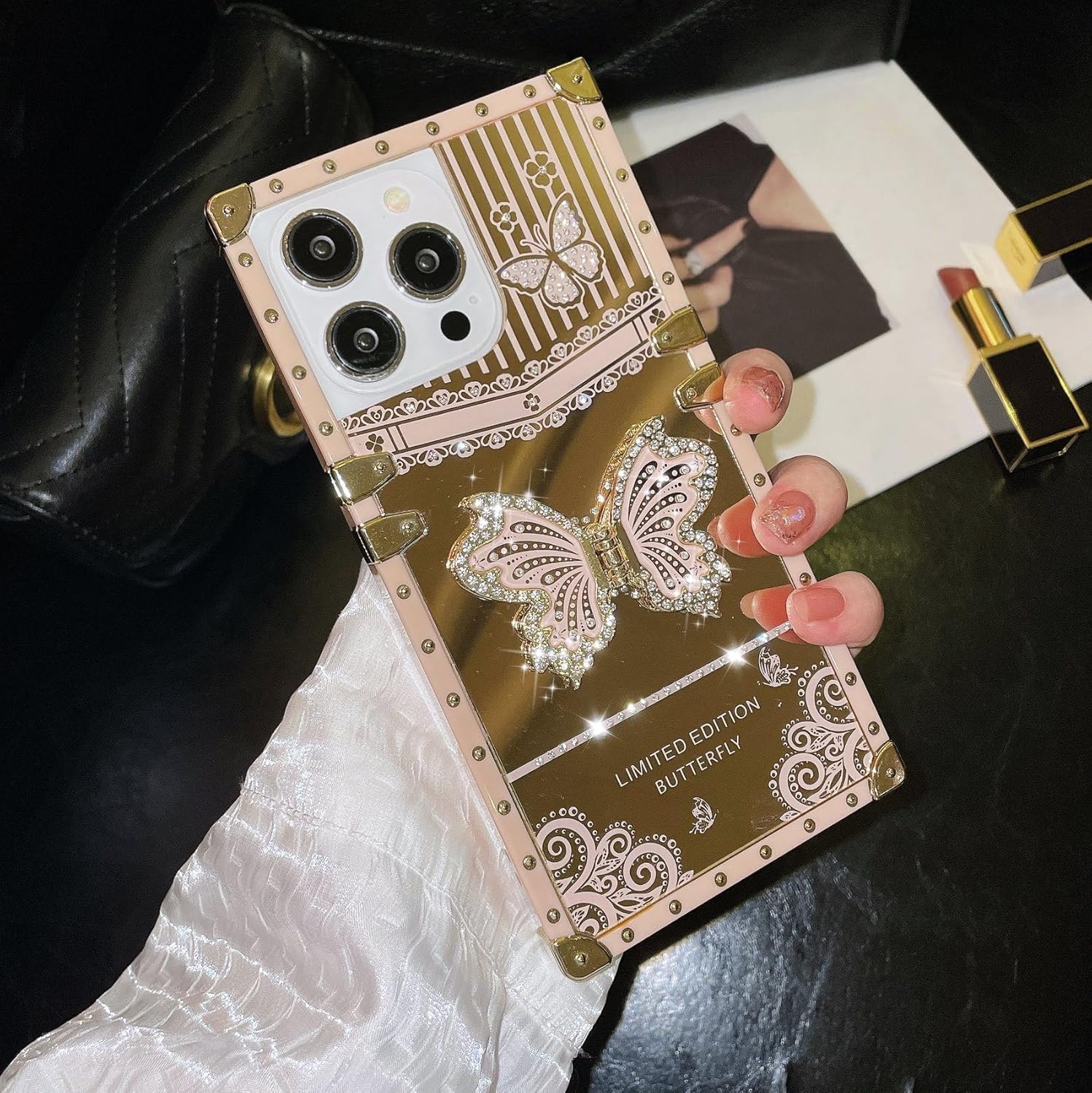 Glitter Stand Case for iPhone 17 Pro Max, Luxury Designer 3D Bling Sparkly Diamond Butterfly Kickstand Phone Holder Plating Mirror Square Shockproof Girl Women Phone Case for 17 Pro Max, Pink - Image 2