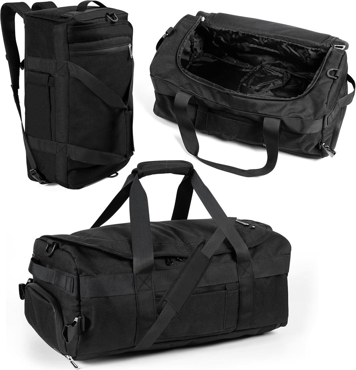 3-in-1 Duffle Bag Backpack with Shoe & Laptop Pocket, Cup Holder, Ventilated Gym & Travel Bag (Black/Silver)