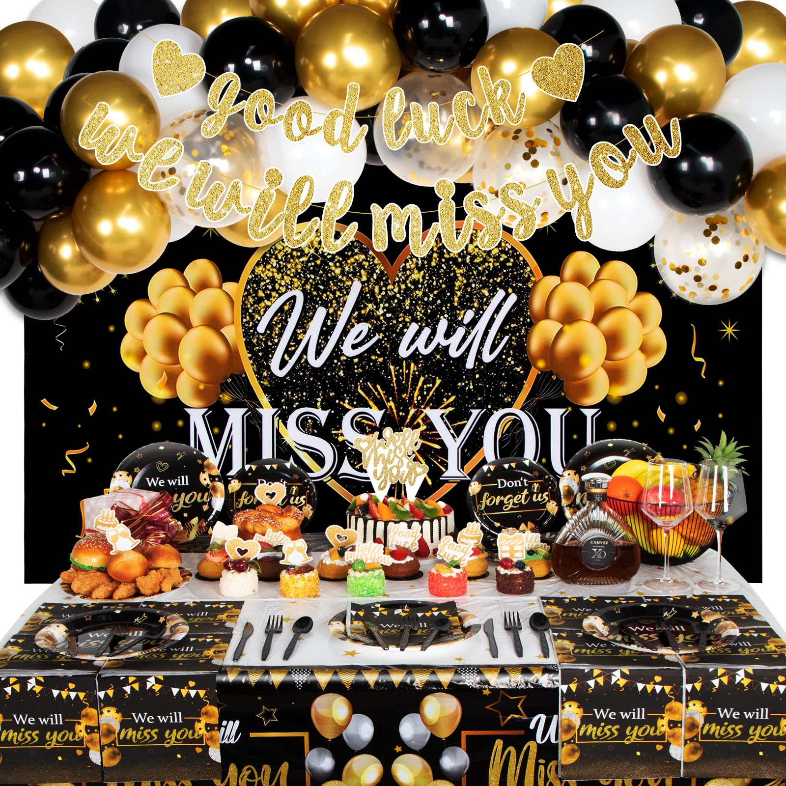We Will Miss You Decorations, Going Away Party Decorations, Farewell Decorations Party Includes Black & Gold Balloons, Backdrop, Banner, Tablecloth, Plates, Napkins, Cake Toppers for Retirement
