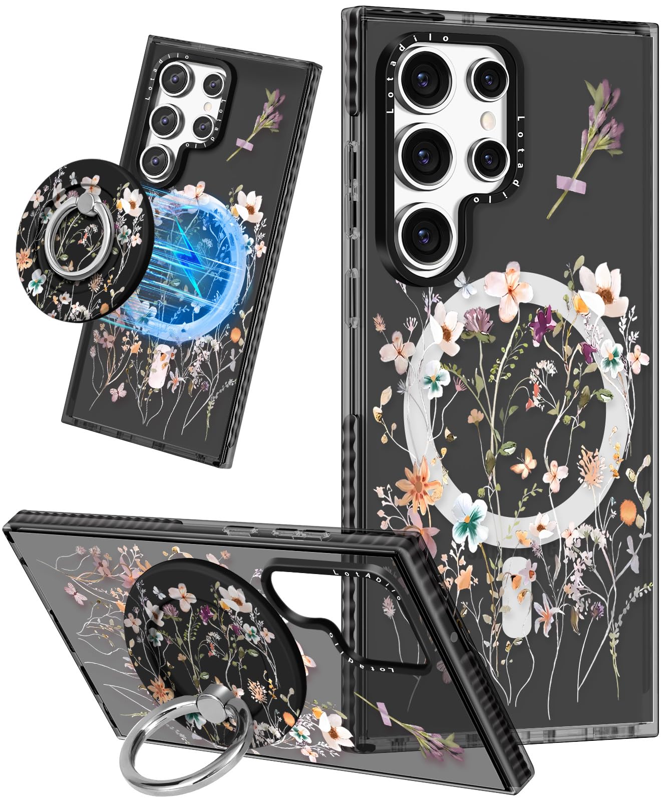 Lotadilo Cute Case for Samsung Galaxy S22 Ultra for Women Girls - Funny Design Compatible with Magsafe Magnetic Ring Holder Kickstand Art Dried Flower