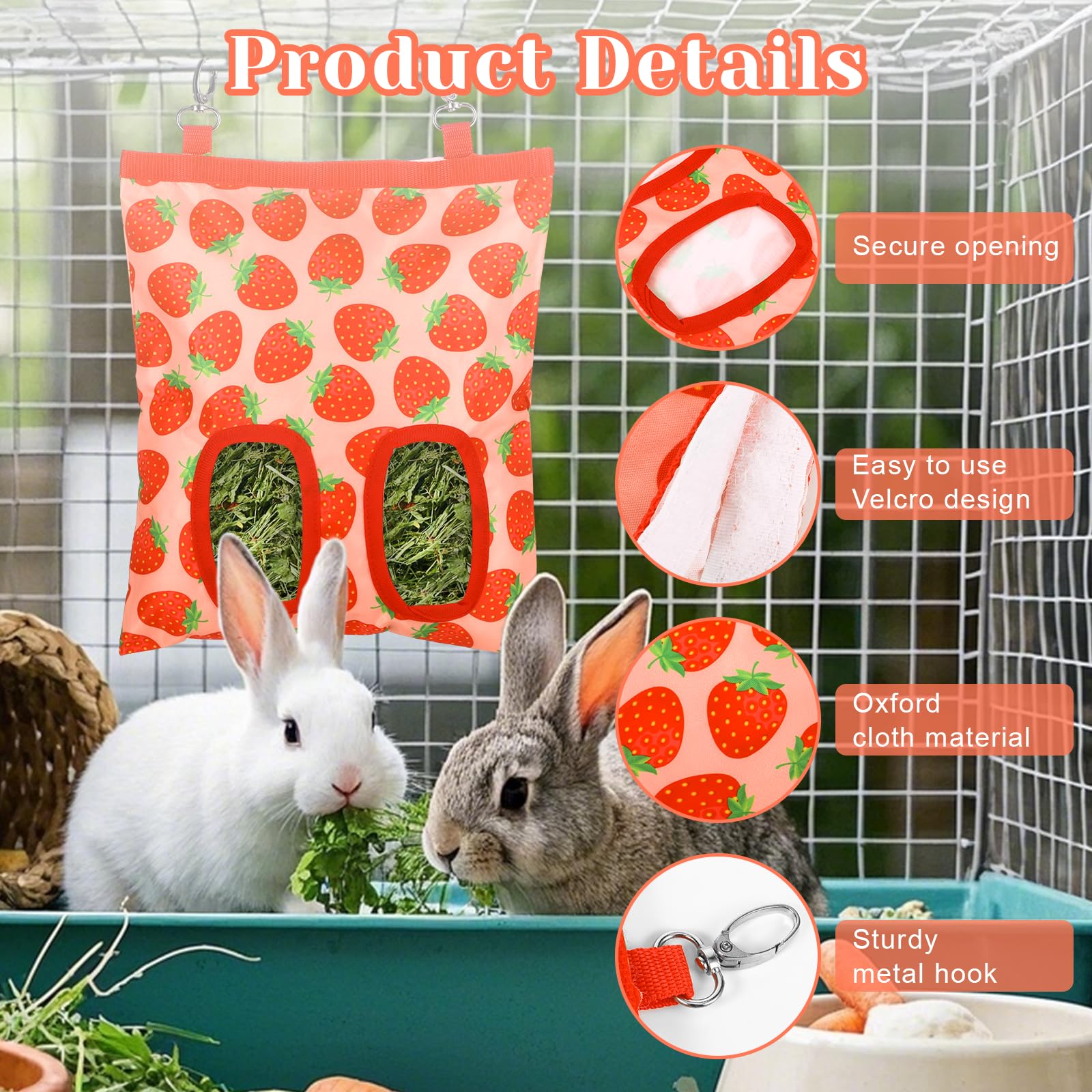 Bolsa grande para comedero de heno para conejos, lavable, para colgar, a prueba de mordidas, con 2 ganchos traseros, 2 agujeros para conejos, chinchilla, hámster, 9 x 11 pulgadas (fresa)