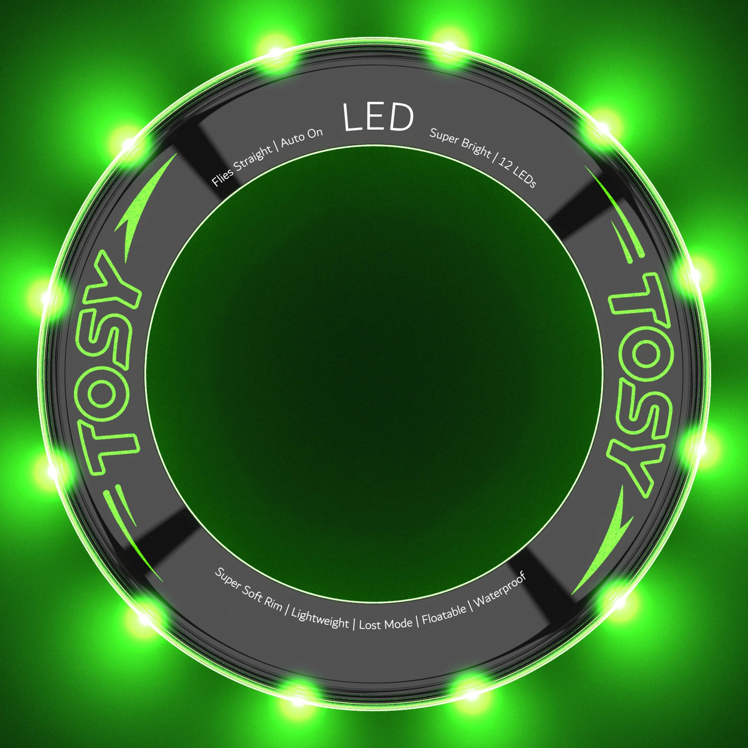 TOSY Flying Ring - 12 Monocolor LEDs, Super Bright, Lost Mode, Auto Light Up, Christmas Stocking Stuffers Gift for Kid/Teen/Boy/Girl, Safe, Waterproof, Pool/Beach/Camping Toy (Green)