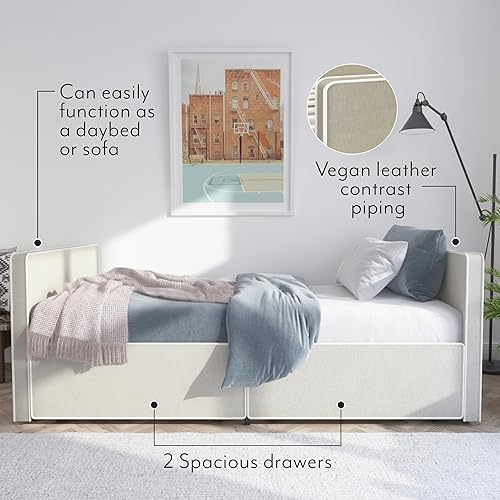 Miniatura 4 de DG Casa Caden - Base de cama tapizada tradicional y moderna con cajón de almacenamiento y ribete de piel sintética y listones de madera completos no