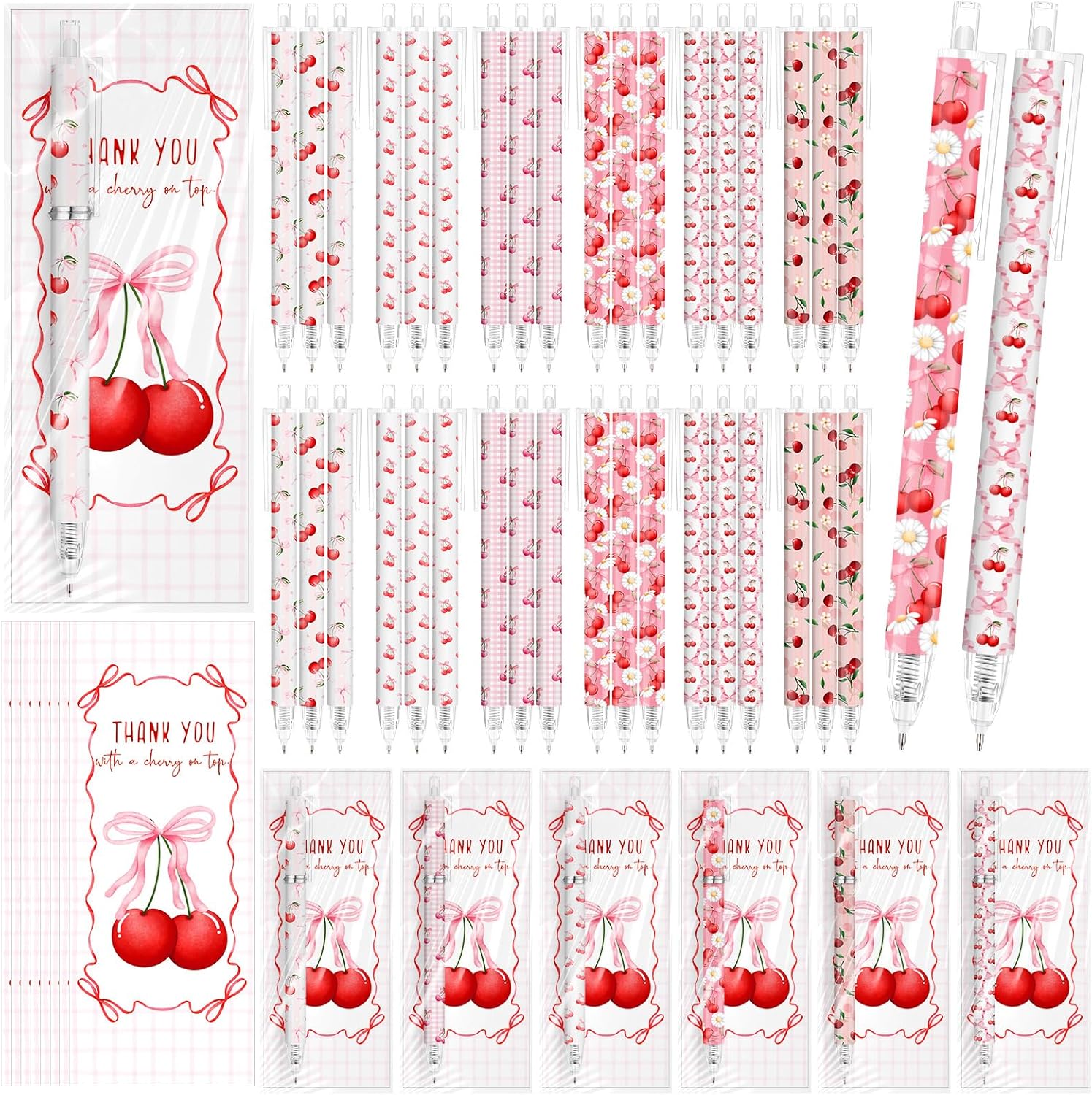 Engrowtic 60 Set Cherry Pens Favors Pink Bow Coquette Cherry on Top Baby Shower Gifts with Thank You Cards Pink Bows Ballpoint Pens for Women Birthday Office Wedding Bridal Shower Journaling Supplies