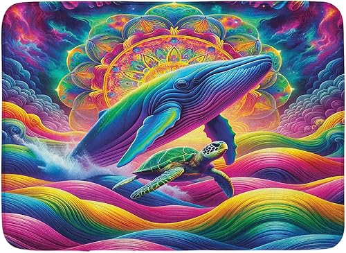 Ambesonne Tapete de baño náutico, sueño oceánico Trippy con olas de ballena y tortuga en colores psicodélicos del arco iris, tapete de felpa para