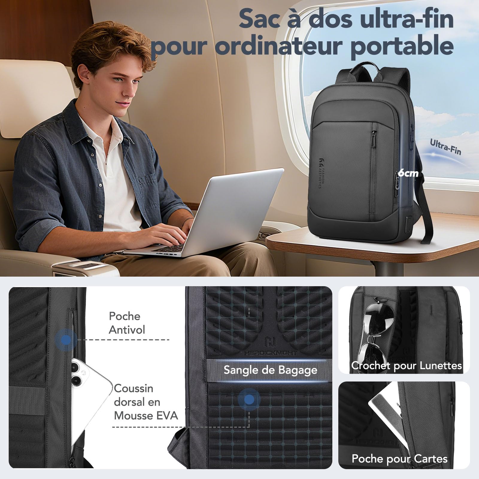 Sac à Dos Ordinateur Portable Homme 15,6 Pouces, Ultra Fin et Léger, Imperméable avec Ports USB A & C, Sac Business Antivol pour Travail, Bureau, Voyage et Déplacements – Noir