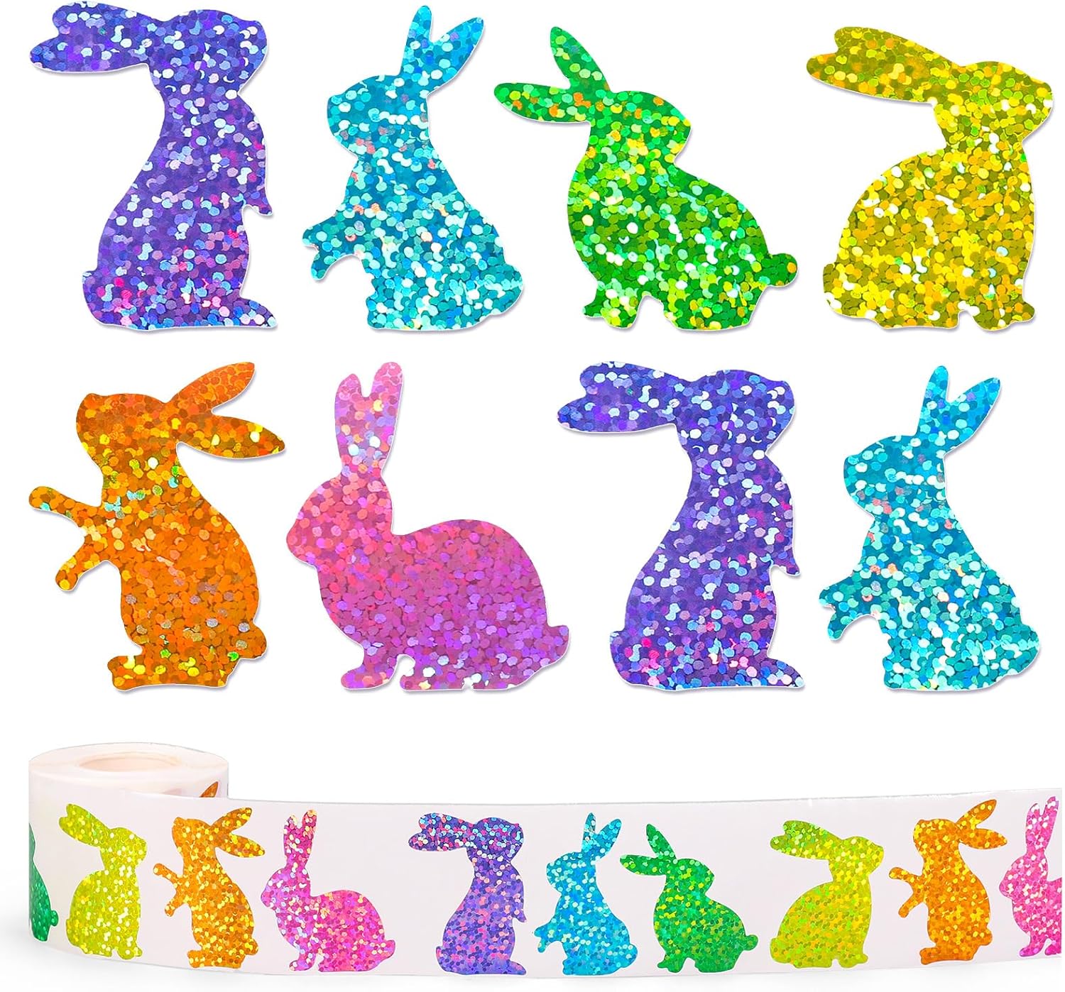 Whaline Easter Bunny Stickers Roll Holographic Seal Stickers Sparkly Colorful Funny Rabbit Self-Adhesive Decals for Spring Birthday Holiday Envelope Journal Decor, 500 Pcs