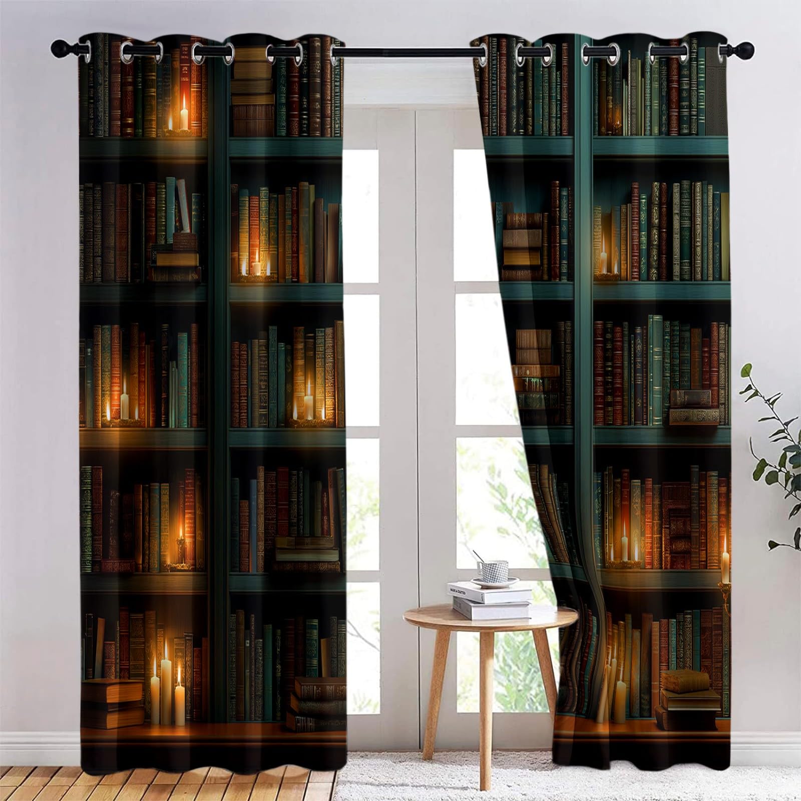 Kinderzimmer Vorhänge Bücherregal Bücher Verdunkelungsvorhang Blickdicht mit Ösen, Schwarz Kerzen Holz Wissen Gardinen - für Jungen & Mädchen 140 x 245 cm (2er Set)